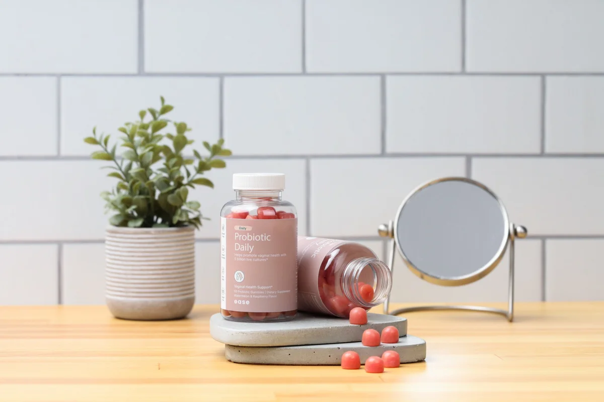 Ease probiotic gummies on a bathroom counter