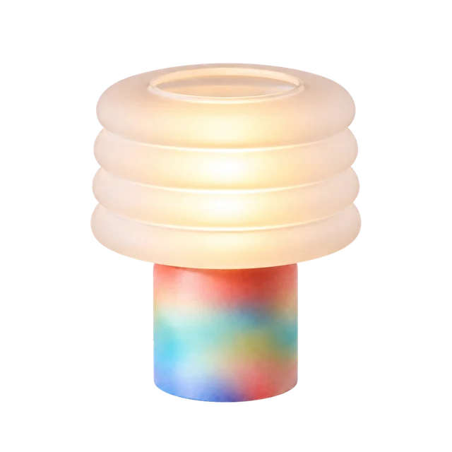 A frosted lamp with a rainbow base