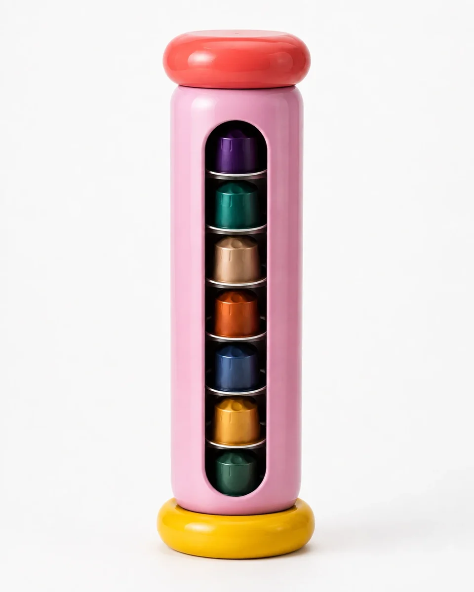 A pink coffee capsule tower with coral and yellow ends