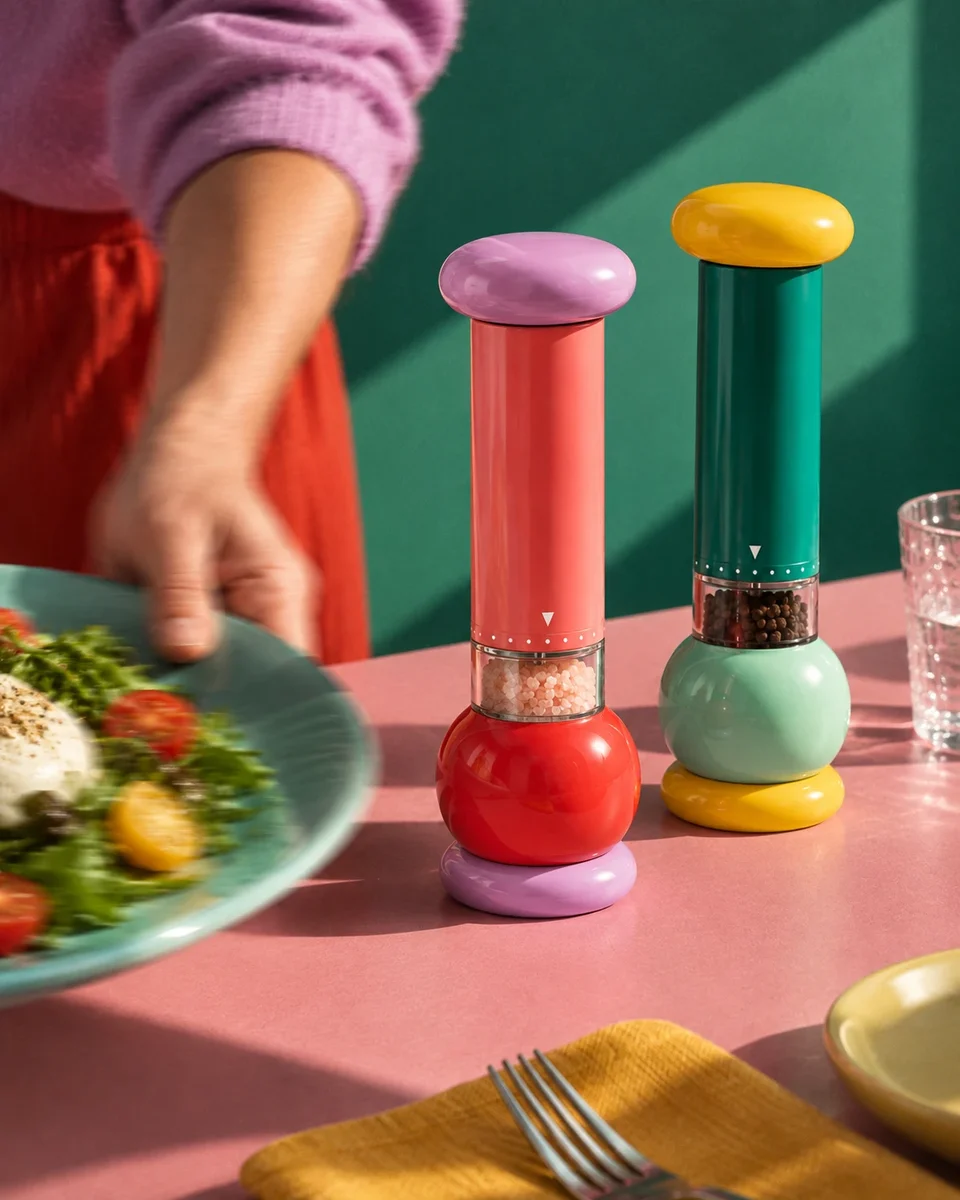 Colourful salt and pepper grinders on a pink table