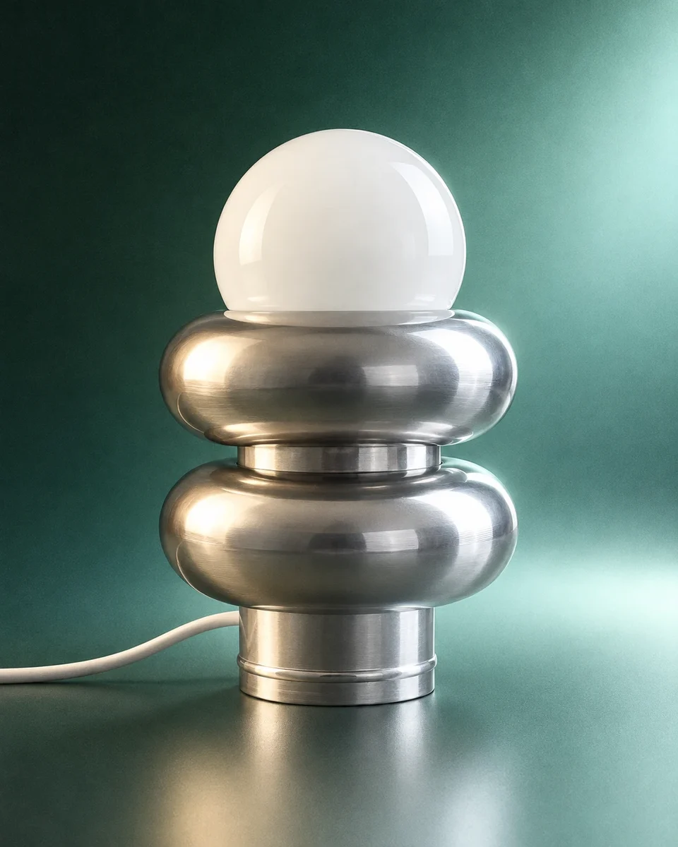 A chrome stacked lamp with a white globe on a green backdrop