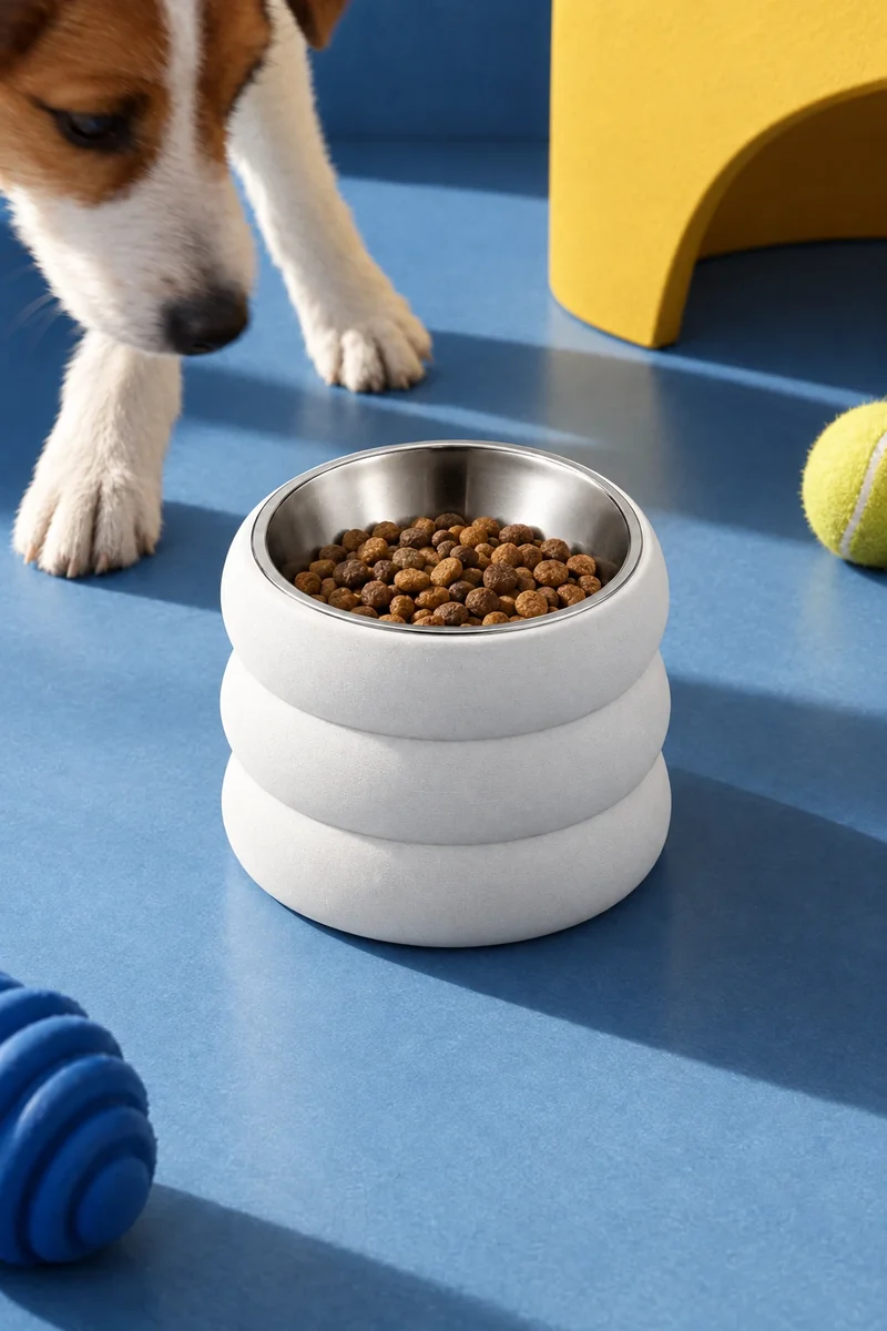 A white stacked dog bowl full of kibble on a blue floor